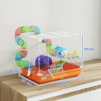 PawHut Cage à Hamster Rongeur 2 Niveaux avec Tunnel, Biberon d'Eau, Roue, Maisonnette, Échelles, 46 x 30 x 37 cm, Orange(m-3)