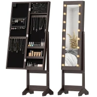 HOMCOM Armoire à Bijoux, Armoire de Rangement sur Pieds, Boîte à Bijoux avec Miroir Multi-Rangements Éclairage LED Marron Foncé(m-12)