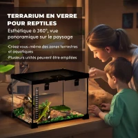 PawHut Boîte à Reptiles, Habitat de Terrarium Transparent, Couvercle Coulissant en Treillis Métallique, 30 x 30 x 20 cm, Noir(m-4)