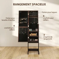 HOMCOM Armoire à Bijoux, Armoire de Rangement sur Pieds, Boîte à Bijoux avec Miroir Multi-Rangements Éclairage LED Marron Foncé(m-4)