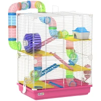 PawHut Cage pour Hamster Rongeur 5 Étages avec Tunnels, Mangeoire, Roue, Maison, Échelles, 46 x 30 x 58 cm, Rose(m-1)