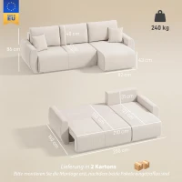 HOMCOM Schlafsofa mit Umkehrbarer Chaiselongue, L-förmiges 3-Sitzer Sofa aus Veloursbezug, Cremeweiß(m-3)