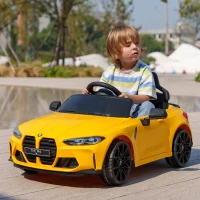 AIYAPLAY 12V kinderauto met afstandsbediening, 2 motoren, claxon, LED, muziek, zachte start, hulpwiel, 3-5 jaar, Geel(m-2)