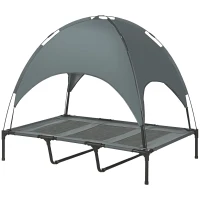 PawHut Lit Chien Sureleve avec Parasol, Lit de Camp Chien Chat sur Pieds Tissu Oxford Respirant, Anti-UV Cadre en Métal Sac de Transport Inclus Couchage Extérieur pour Chat 122 x 92 x 108 cm Gris Noir(m-11)
