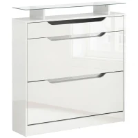 HOMCOM Zapatero Estrecho de 2 Puertas Mueble Zapatero para 16 Pares de Zapatos con Cajón Estante Abierto y Encimera de Vidrio para Pasillo Entrada 89x23x96 cm Blanco(m-11)