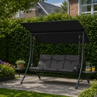 Outsunny Hollywoodschommel, 3-Zits Tuinschommel met Verstelbaar Zonnedak, 278 x 125 x 177 cm, Zwart(m-2)