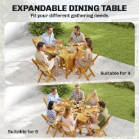 Outsunny 7 Pieces Garden Dining Set, Extending Dining Table and 6 Folding Chairs with Umbrella Hole for Patio, Natural Wood(m-5)