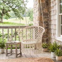 Outsunny Amaca da Giardino in Stile Boho Chic, Sedia Sospesa in Poliestere e Macramè per Interni ed Esterni, Crema, 80x60x36cm(m-9)