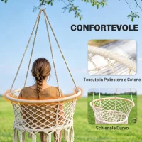 Outsunny Amaca da Giardino in Stile Boho Chic, Sedia Sospesa in Poliestere e Macramè per Interni ed Esterni, Crema, 80x60x36cm(m-6)