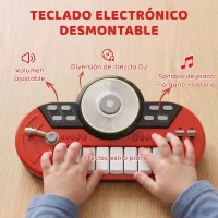 HOMCOM Batería Infantil con Taburete, Jazz Batería Infantil con 4 Tambores, Micrófono, Platos, Baquetas Teclado, Instrumento Musical para Niños +3 Años, Rojo(m-6)