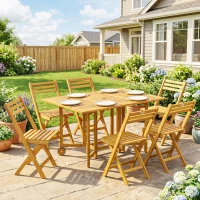Outsunny 7 Pieces Garden Dining Set, Extending Dining Table and 6 Folding Chairs with Umbrella Hole for Patio, Natural Wood(m-2)