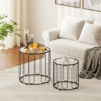 HOMCOM Ensemble de 2 tables gigognes avec structure métallique et plateau en verre Ø50x50 cm et Ø40x40 cm, noir(m-6)