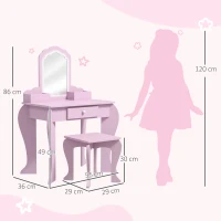 ZONEKIZ Coiffeuse pour enfant avec tabouret et miroir, table de maquillage avec tiroir et 2 compartiments, 55x36x86cm, rose(m-3)