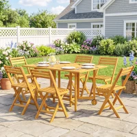Outsunny 7 Pieces Garden Dining Set, Extending Dining Table and 6 Folding Chairs with Umbrella Hole for Patio, Natural Wood(m-14)