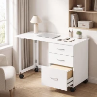 HOMCOM Scrivania Ufficio Pieghevole con 3 Cassetti, 4 Ruote con Freno, Bianco(m-10)