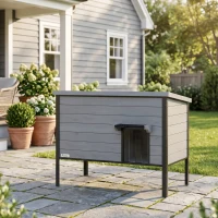 PawHut Wetterfest Katzenhaus mit aufklappbarem Dach herausnehmbarem Boden Eingang für 1-2 Katzen bis 12 kg 85x55x70 cm Hellgrau(m-8)