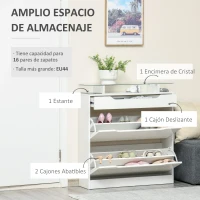 HOMCOM Zapatero Estrecho de 2 Puertas Mueble Zapatero para 16 Pares de Zapatos con Cajón Estante Abierto y Encimera de Vidrio para Pasillo Entrada 89x23x96 cm Blanco(m-4)