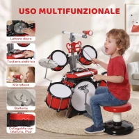 HOMCOM Set Batteria per Bambini con Strumenti Musicali, Batteria Jazz con 5 Tamburi e Sgabello, Giocattolo Musicale Educativo per Bambini, Effetti Sonori e Microfono Giocattolo, 77.5x40x76.5cm, Rosso(m-5)