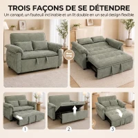 HOMCOM Canapé Convertible 2 Places, Canapé-Lit 3 en 1 Velours 137 cm, Dossier Réglable, Assise Large, 2 Oreillers, Vert(m-4)