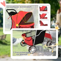 PawHut Hundewagen Faltbar Hundebuggy mit Reflektorstreif Aufbewahrungskorb Kissen für kleine Hunde bis 10 kg 77x44x102cm Rot(m-6)