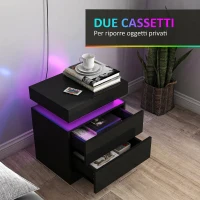HOMCOM Set 2 Comodini LED a 16 Colori e 4 Modalità con 2 Cassetti, in Legno, 45x35x52 cm, Nero(m-6)