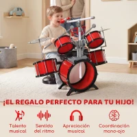 HOMCOM Batería Infantil con Taburete, Jazz Batería Infantil con 4 Tambores, Micrófono, Platos, Baquetas Teclado, Instrumento Musical para Niños +3 Años, Rojo(m-4)