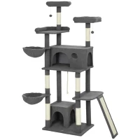 PawHut Arbre à chat tour de jeux pour chat avec griffoir 3 lits 2 niches plateformes et 3 jouets suspendus hauteur 174 cm gris(m-1)
