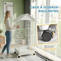 PawHut Cage oiseau sur pied volière oiseaux intérieure sur roulettes 2 mangeoires 8 perchoirs 79 x 65 x 155 cm fil d'acier blanc(m-7)