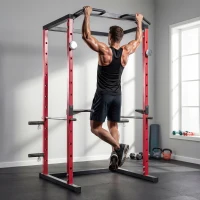 SPORTNOW Jaula de Potencia Rack de Sentadillas con Barra Dominadas Estación de Fondos Ajustable para Casa Gimnasio Carga 460 kg(m-2)