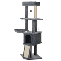 PawHut Albero Tiragraffi per Gatti Alto 127 cm con Pali Graffiatoi in Sisal, Rampa, Cesto, Cuccia, Amaca, Grigio(m-11)