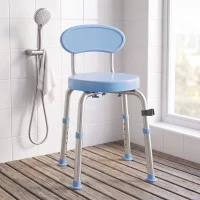 HOMCOM Tabouret de Douche Ronde Pivotant 360°, Hauteur Réglable, Dossier, Pieds Antidérapants, 38,5x37,5x75cm, Bleu Clair(m-2)