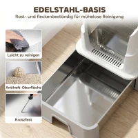 PawHut Katzentoilette aus Edelstahl mit Deckel, XL Katzenstreubox mit Schaufel, herausziehbare Wanne, hohe Seiten, leicht zu reinigen, grau(m-4)