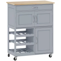 HOMCOM Modern Kitchen Trolley, Rolling Island Storage Cart with Drawer, 9-bottle Wine Rack, Door Cabinets, Wooden Countertop, Grey(m-1)
