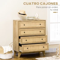HOMCOM Cómoda con 4 Cajones Cajonera de Madera con Frontales de Ratán Estilo Cannage para Dormitorio 80x35x95 cm Natural(m-5)