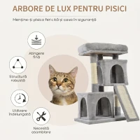 PawHut Ansamblu pentru pisici cu stalpi din sisal, pat si 2 case cu tapiterie de plus, 59x39x83cm, gri(m-4)