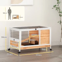 PawHut Houten konijnenhok met 2 verdiepingen, opklapbaar dak, wielen, 2 ingangen, loopplank, uittrekbaar blad 90x53x59cm(m-3)