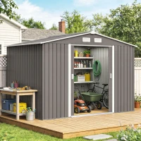Outsunny Abri de jardin 5,4 m² 2,77 x 1,95 x 1,92 m kit de fondation porte coulissante ventilations acier galvanisé, gris(m-10)