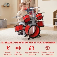 HOMCOM Set Batteria per Bambini con Strumenti Musicali, Batteria Jazz con 5 Tamburi e Sgabello, Giocattolo Musicale Educativo per Bambini, Effetti Sonori e Microfono Giocattolo, 77.5x40x76.5cm, Rosso(m-4)