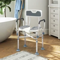 HOMCOM Silla de Ducha con Asiento Ranurado Altura Regulable Antideslizante Respaldo y Reposabrazos Carga 136 kg Gris(m-2)