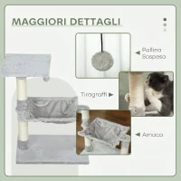 PawHut Tiragraffi per gatti 70 cm con amaca, piattaforma e pali in sisal, grigio chiaro(m-5)
