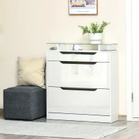 HOMCOM Zapatero Estrecho de 2 Puertas Mueble Zapatero para 16 Pares de Zapatos con Cajón Estante Abierto y Encimera de Vidrio para Pasillo Entrada 89x23x96 cm Blanco(m-10)