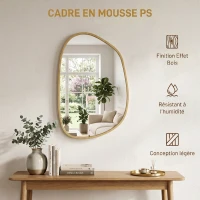 HOMCOM Miroir mural, miroir décoratif asymétrique 90x60cm en verre trempé pour salle de bain, chambre, salon, couloir, naturel(m-6)