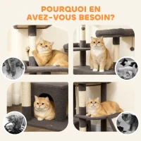 PawHut Arbre à chat tour de jeux pour chat avec griffoir 3 lits 2 niches plateformes et 3 jouets suspendus hauteur 174 cm gris(m-8)