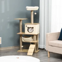 PawHut Arbre à chat tour de jeux pour chat, platesformes, niche, lit, hamac, échelle et griffoirs en jute 60x40x130cm jaune(m-13)