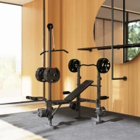 SPORTNOW Panca Palestra Multifunzione Regolabile con Rack Bilanciere con Leg Extension, Low Row, Arm Curl, Nero(m-8)