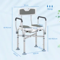 HOMCOM Silla de Ducha con Asiento Ranurado Altura Regulable Antideslizante Respaldo y Reposabrazos Carga 136 kg Gris(m-3)
