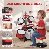 HOMCOM Batería Infantil con Taburete, Jazz Batería Infantil con 4 Tambores, Micrófono, Platos, Baquetas Teclado, Instrumento Musical para Niños +3 Años, Rojo(m-5)