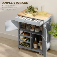HOMCOM Modern Kitchen Trolley, Rolling Island Storage Cart with Drawer, 9-bottle Wine Rack, Door Cabinets, Wooden Countertop, Grey(m-4)
