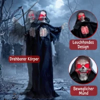 HOMCOM 170 cm Halloween Animierte Sensenmann Deko mit Sound- und Berührungsaktivierung, leuchtenden Augen und Brustkorb(m-6)
