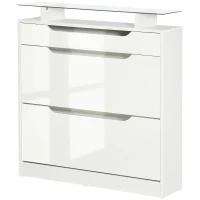 HOMCOM Zapatero Estrecho de 2 Puertas Mueble Zapatero para 16 Pares de Zapatos con Cajón Estante Abierto y Encimera de Vidrio para Pasillo Entrada 89x23x96 cm Blanco(m-12)